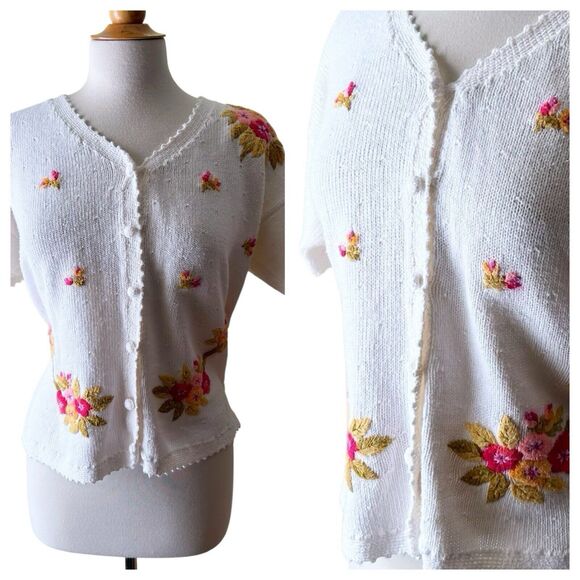 Vintage Grannycore Twee Embroidered Short Sleeve Spring Cardigan Sweater - Med - Picture 1 of 9